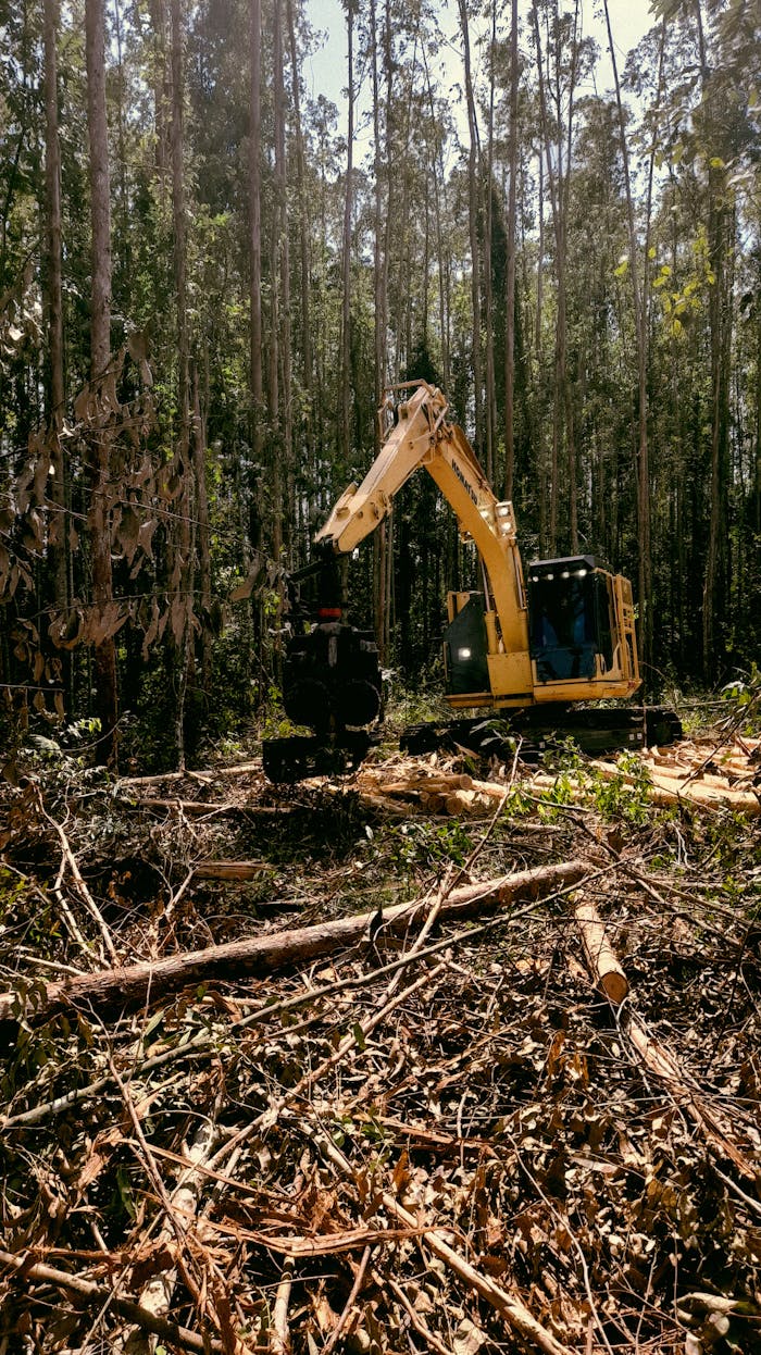 A powerful excavator clearing tall trees in a dense forest setting.